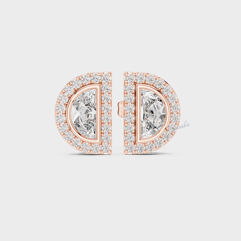 0.32 Carat Each Lab-Grown Half Moon And Round Diamond Stud Earrings In Rose Gold