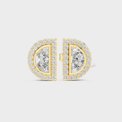 0.32 Carat Each Lab-Grown Half Moon And Round Diamond Stud Earrings In Yellow Gold