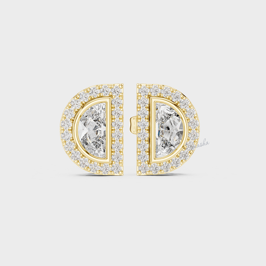 0.32 Carat Each Lab-Grown Half Moon And Round Diamond Stud Earrings In Yellow Gold
