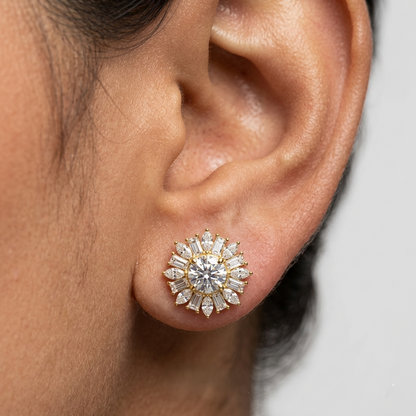 GLI-certified 2 carat total lab-grown diamond stud earrings (1 carat each) featuring marquise, round, and baguette cuts, set in hallmarked 9K, 14K, or 18K yellow, rose, or white gold, or 950 platinum—ethical luxury fine jewelry.