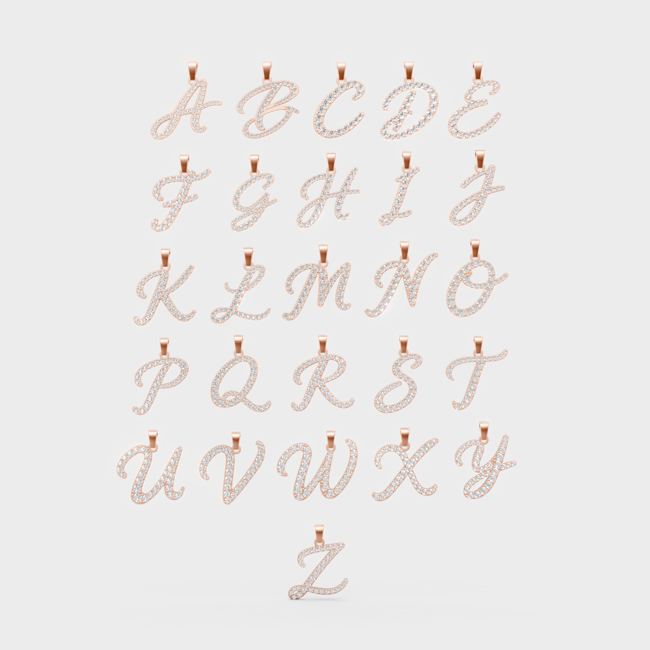 Collection of A–Z initial letter pendants crafted in rose gold, showcasing elegant script-style initials accented with round diamonds. The warm rose gold tone and shimmering pavé-set stones offer a modern, personalized style.
