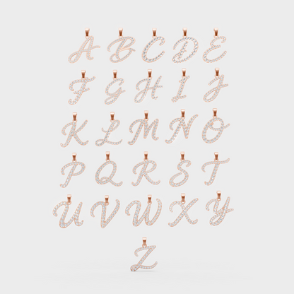 Collection of A–Z initial letter pendants crafted in rose gold, showcasing elegant script-style initials accented with round diamonds. The warm rose gold tone and shimmering pavé-set stones offer a modern, personalized style.