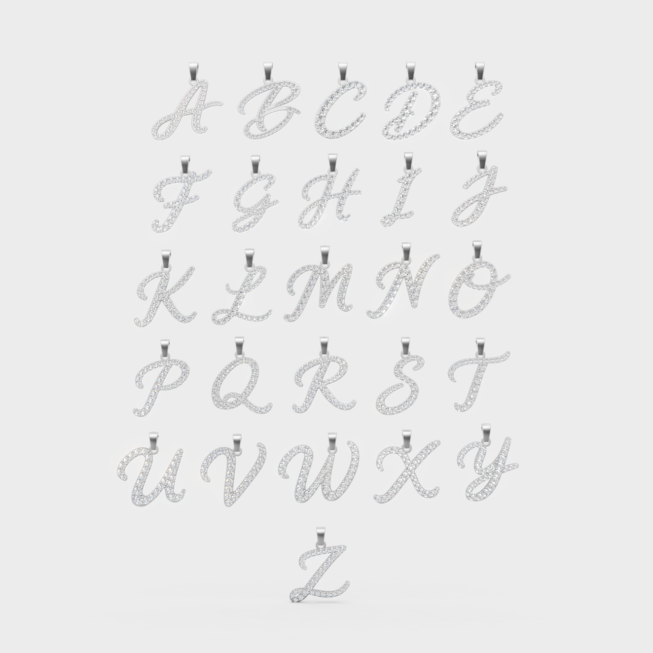 Collection of A–Z initial letter pendants crafted in white gold, featuring a graceful script design adorned with round diamonds. The pavé-set stones and polished finish create a bright, sophisticated appearance.