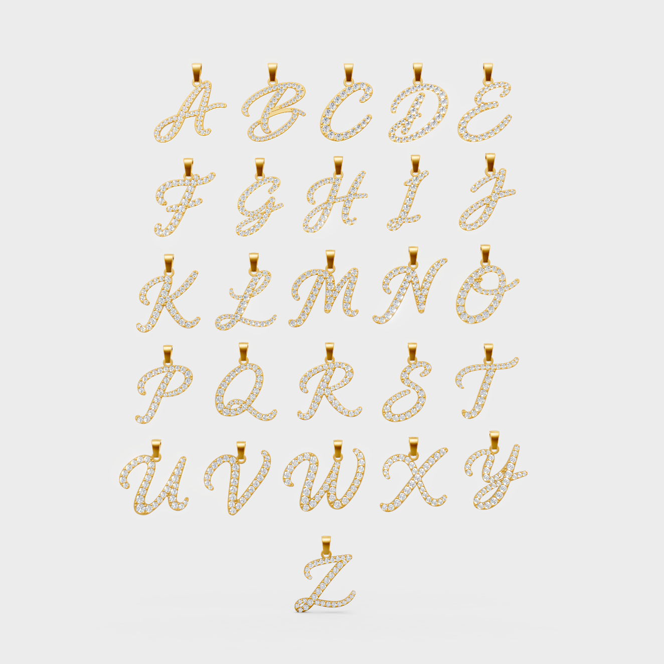 Collection of A–Z initial letter pendants crafted in yellow gold, featuring a flowing script design accented with round diamonds. Each pendant includes a polished bail and sparkling pavé-set stones for a personalized, elegant look.