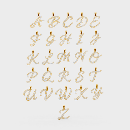 Collection of A–Z initial letter pendants crafted in yellow gold, featuring a flowing script design accented with round diamonds. Each pendant includes a polished bail and sparkling pavé-set stones for a personalized, elegant look.