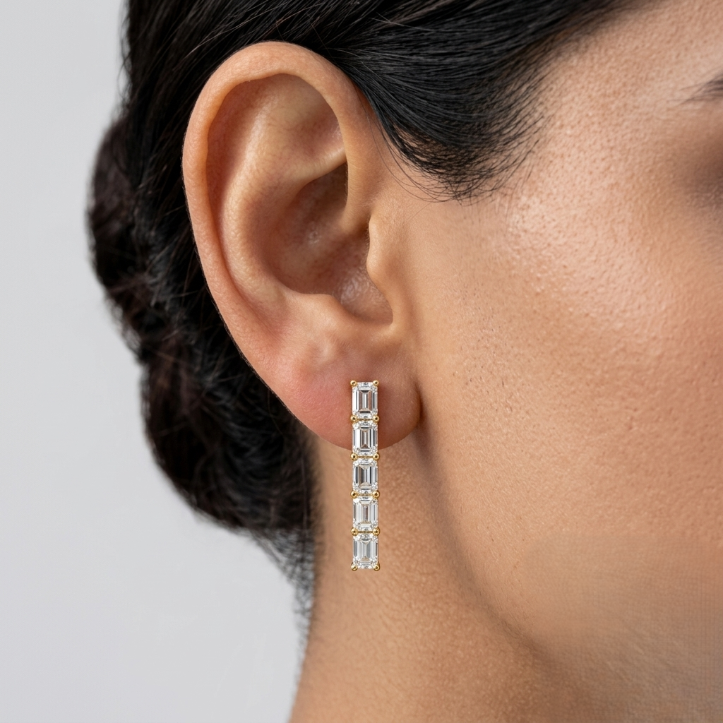 0.70 ct total lab-grown emerald-cut diamond stud earrings (0.35 ct each), featuring GLI-certified diamonds, set in hallmarked 9K, 14K, 18K yellow, white, or rose gold, or 950 platinum—refined ethical luxury jewelry.