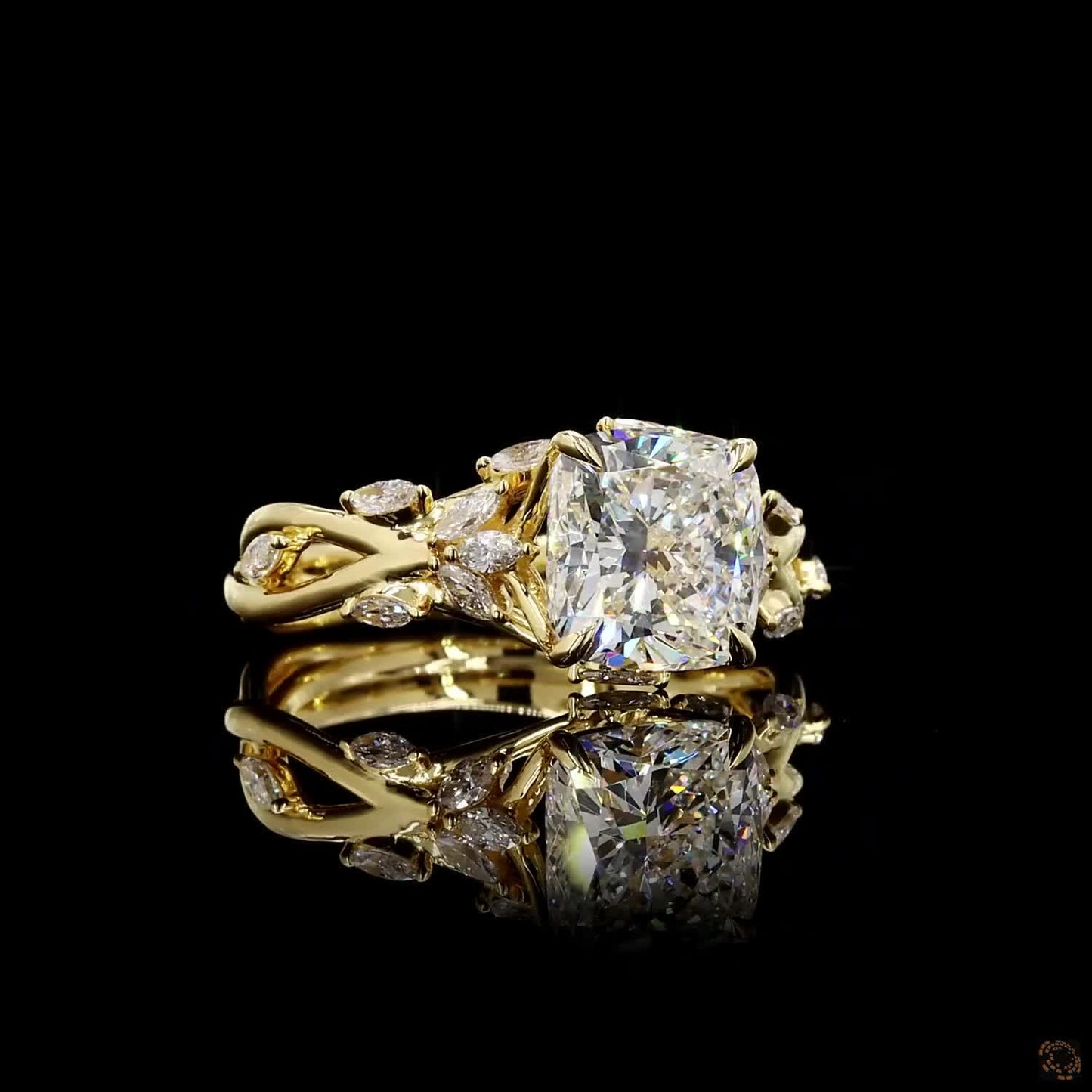 Radiant and marquise cut lab grown diamond ring yellow gold