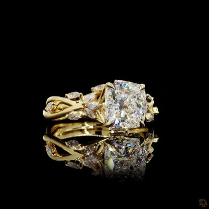 Radiant and marquise cut lab grown diamond ring yellow gold