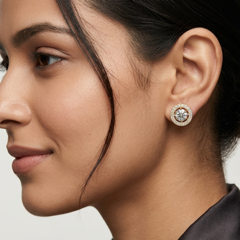 3.26 Ct Total (1.63 Ct Each) Round Lab Grown Diamond Halo Earrings In 9K 14K 18K Yellow White Rose Gold Or 950 Platinum