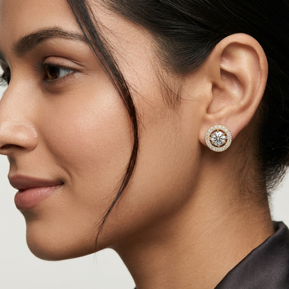 3.26 Ct Total (1.63 Ct Each) Round Lab Grown Diamond Halo Earrings In 9K 14K 18K Yellow White Rose Gold Or 950 Platinum