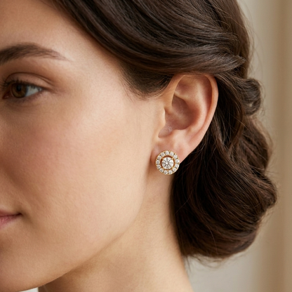 Round Halo Diamond Earrings In 9K Yellow Gold