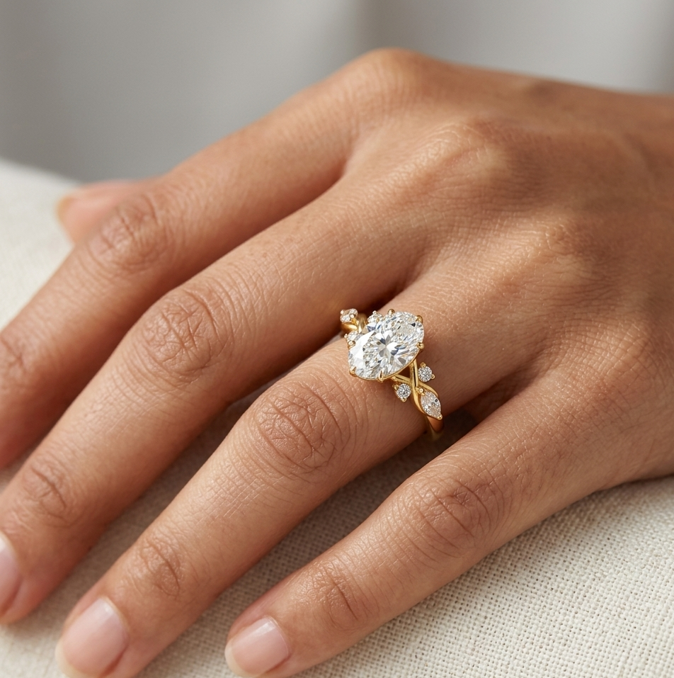 1.78 Ct Oval Marquise Round Lab Grown Diamond Solitaire Ring With Accents In 9K 14K 18K Yellow White Rose Gold Or 950 Platinum