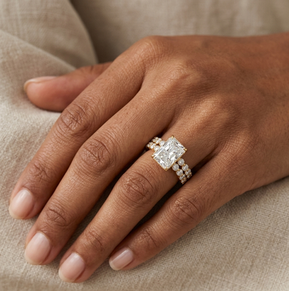 4 Ct Radiant & Round Lab Grown Diamond Ring Set In 9K 14K 18K Yellow White Rose Gold Or 950 Platinum