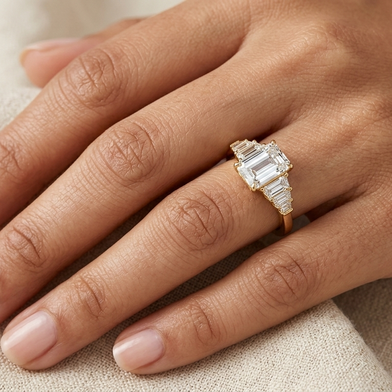 1.75 Ct Emerald &amp; Trapezoid Cut Lab Grown Diamond Ring In 9K 14K 18K Yellow White Rose Gold Or 950 Platinum