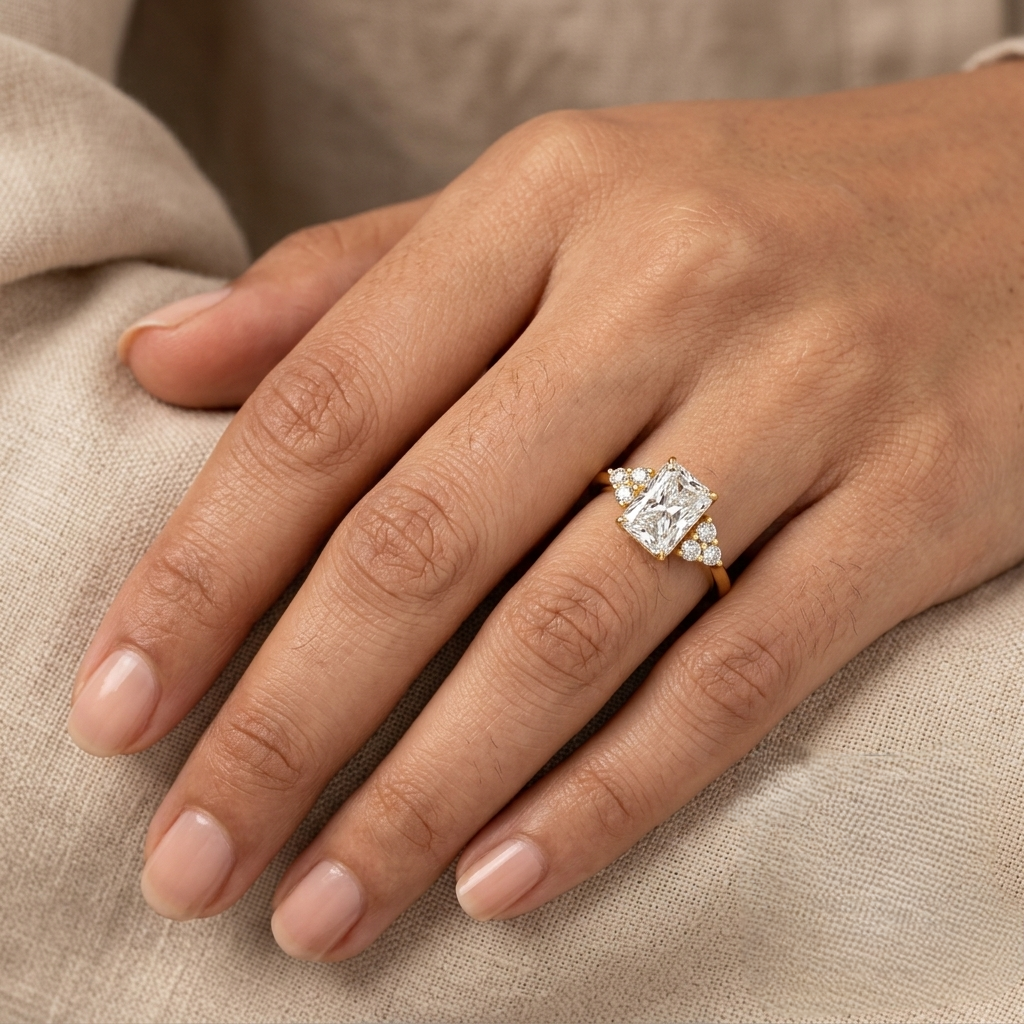 1.51 Ct Radiant &amp; Round Cut Lab-Grown Diamond Solitaire Ring With Accents in 9K, 14K, 18K Gold or 950 Platinum.