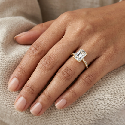 1.62 Ct Emerald &amp; Round Cut Lab-Grown Diamond Solitaire Ring With Accents in 9K, 14K, 18K Gold or 950 Platinum