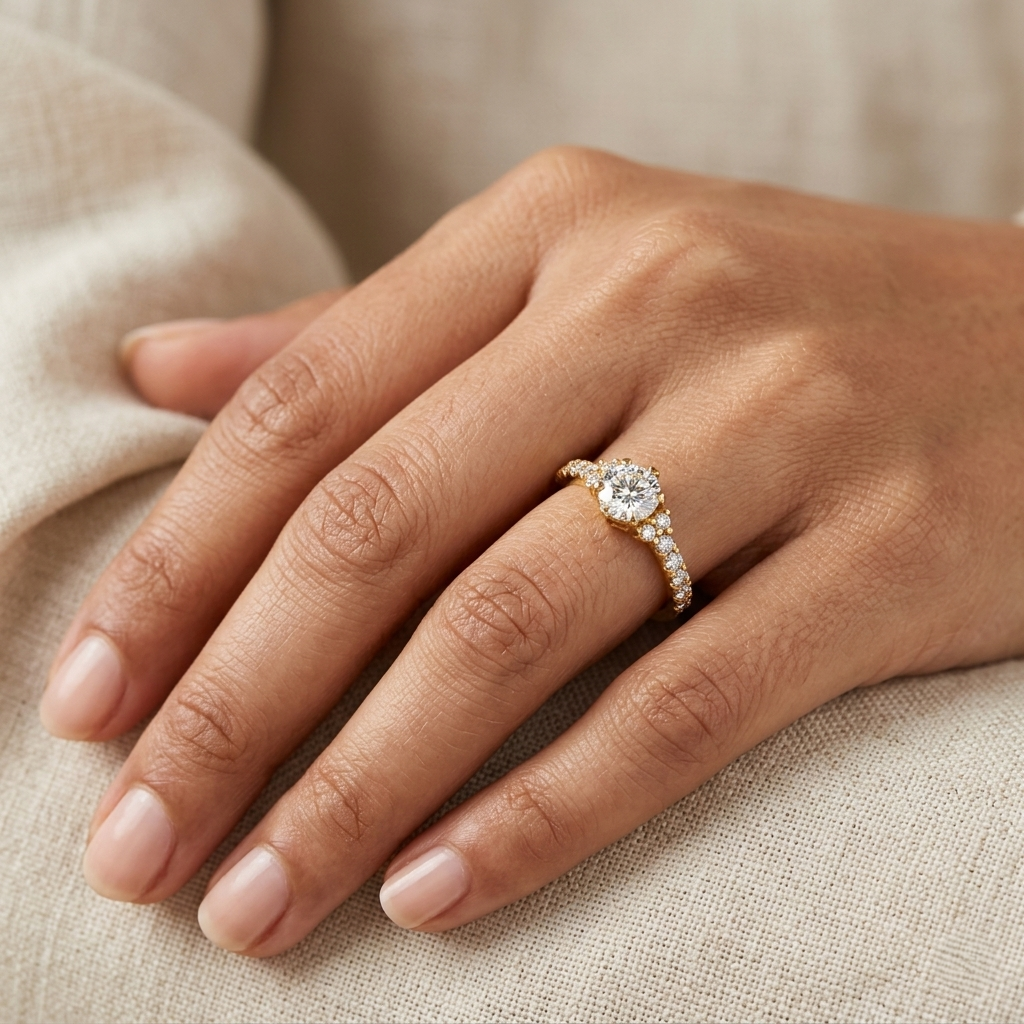 0.80 Ct Round Cut Lab-Grown Diamond Solitaire Ring With Accents in 9K, 14K, 18K Gold or 950 Platinum.