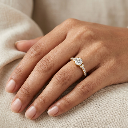 0.80 Ct Round Cut Lab-Grown Diamond Solitaire Ring With Accents in 9K, 14K, 18K Gold or 950 Platinum.