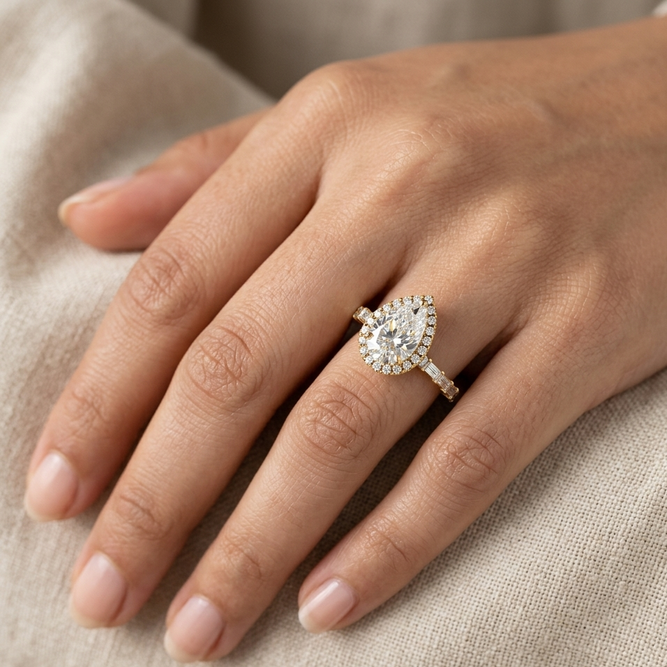 Shop 2.81 Ct Multi-Shape (Pear, Baguette, Round) Lab-Grown Diamond Halo Ring in 9K, 14K, 18K Yellow, White, Rose Gold or 950 Platinum. Ethical luxury fine jewelry with brilliant sparkle.