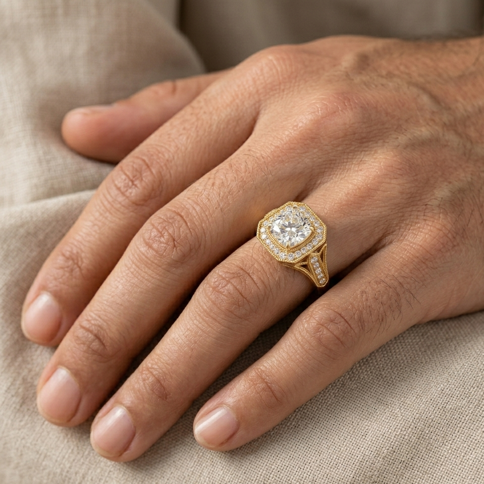 Shop 2.49 Ct Cushion &amp; Round Cut Lab-Grown Diamond Halo Ring in 9K, 14K, 18K Yellow, White, Rose Gold or 950 Platinum. Ethical luxury fine jewelry with brilliant sparkle.