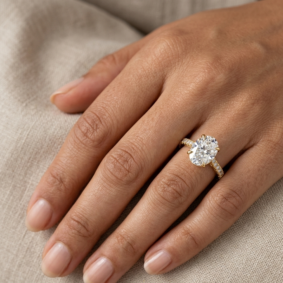 Shop 3.1 Ct Oval &amp; Round Cut Lab-Grown Diamond Halo Ring With Side Accents in 9K, 14K, 18K Yellow, White, Rose Gold or 950 Platinum. Ethical luxury fine jewelry with brilliant sparkle.