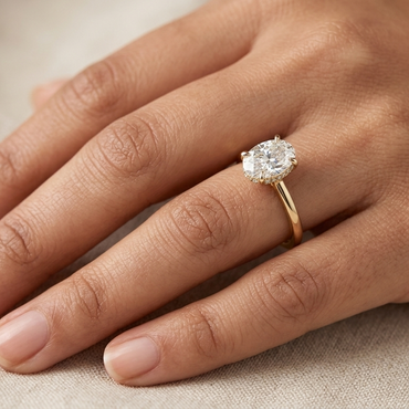 Shop 1.61 Ct Oval &amp; Round Cut Lab-Grown Diamond Hidden Halo Ring in 9K, 14K, 18K Yellow, White, Rose Gold or 950 Platinum. IGI / GLI Certified ethical luxury jewelry with refined sparkle.