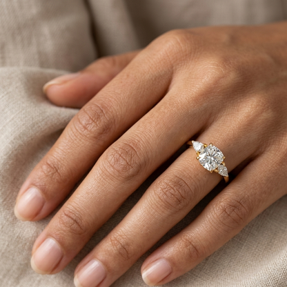 Shop 2 Ct Cushion &amp; Pear Cut Lab-Grown Diamond Three-Stone Ring in 9K, 14K, 18K Yellow, White, Rose Gold or 950 Platinum. IGI / GLI Certified ethical luxury fine jewelry.