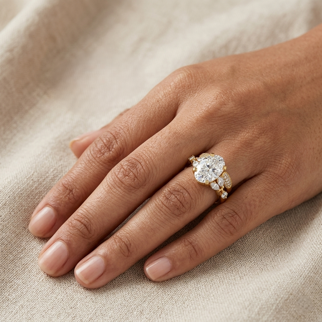 2.96 Ct Oval Marquise Round Diamond Ring Set In Yellow Gold