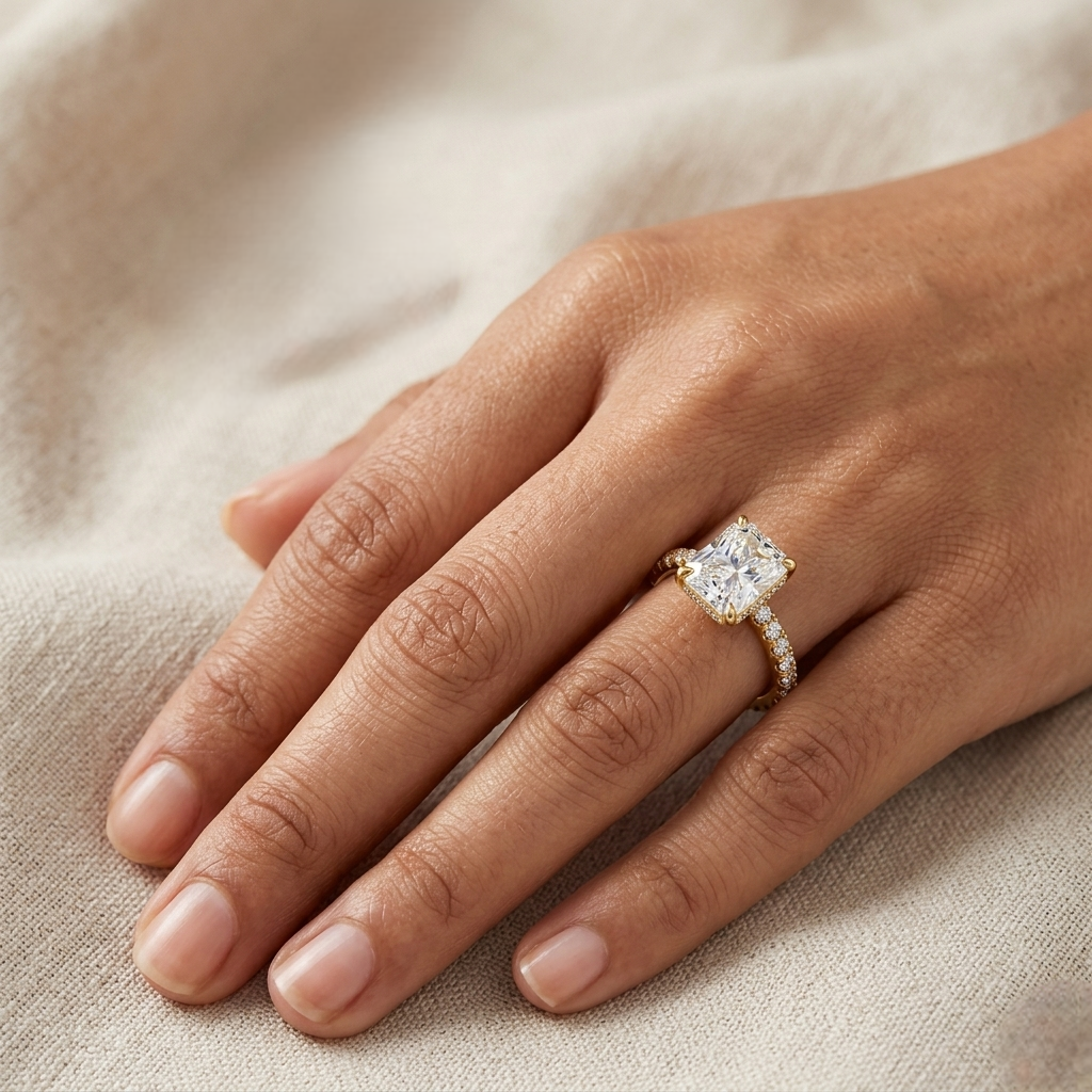 1.81 Ct Radiant &amp; Round Cut Lab-Grown Diamond Solitaire With Halo &amp; Accents Ring in 9K, 14K, 18K Gold or 950 Platinum. IGI / GLI Certified ethical luxury jewelry.