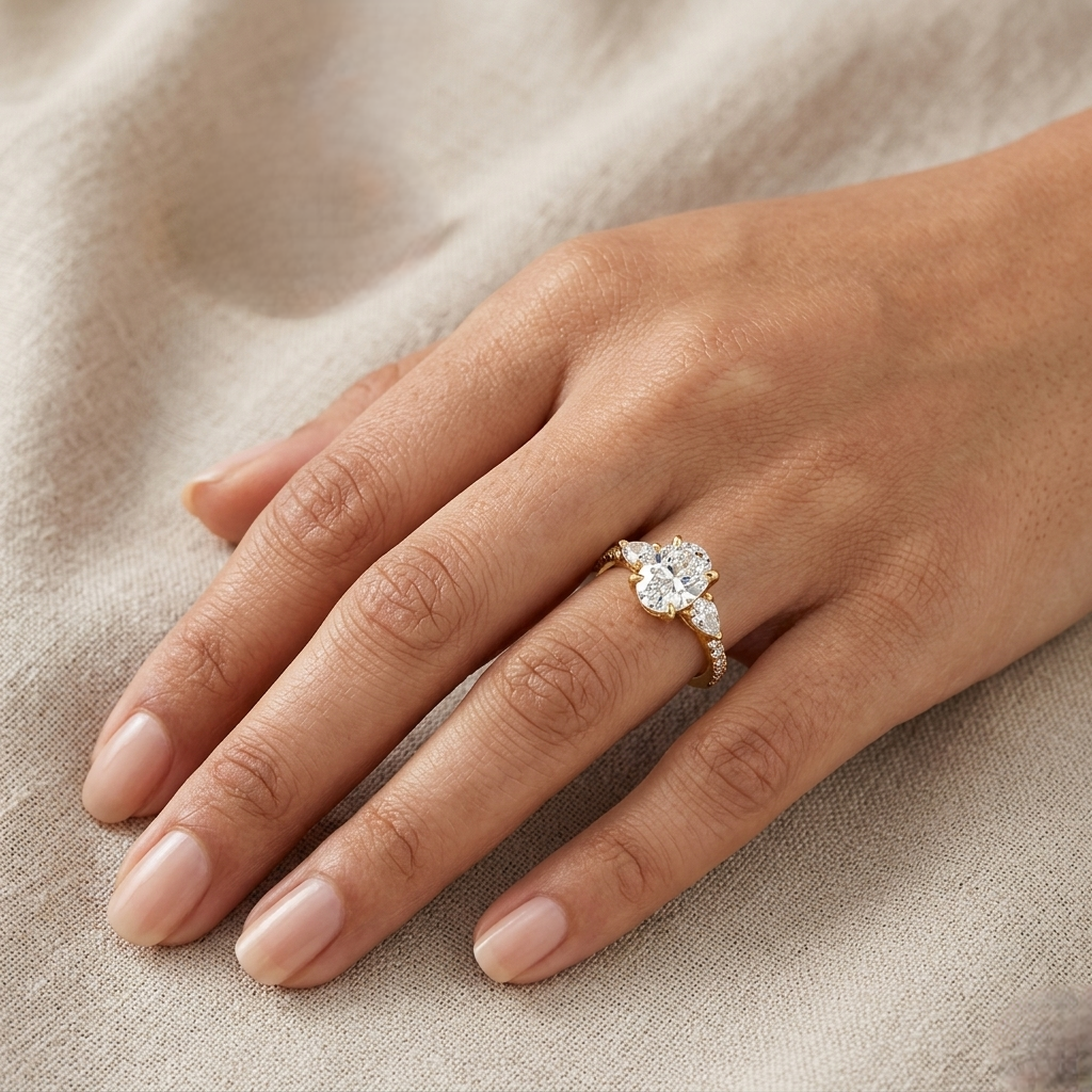 3 Ct Oval, Pear &amp; Round Lab-Grown Diamond Ring in 9K, 14K, 18K Yellow, White, Rose Gold or 950 Platinum. IGI / GLI Certified ethical luxury fine jewelry.