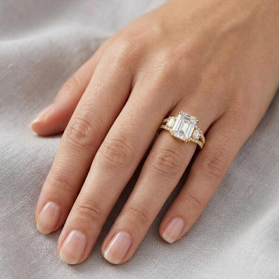 18K Yellow Gold Emerald & Round Diamond Engagement Ring 