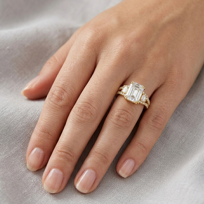 18K Yellow Gold Emerald & Round Diamond Engagement Ring 