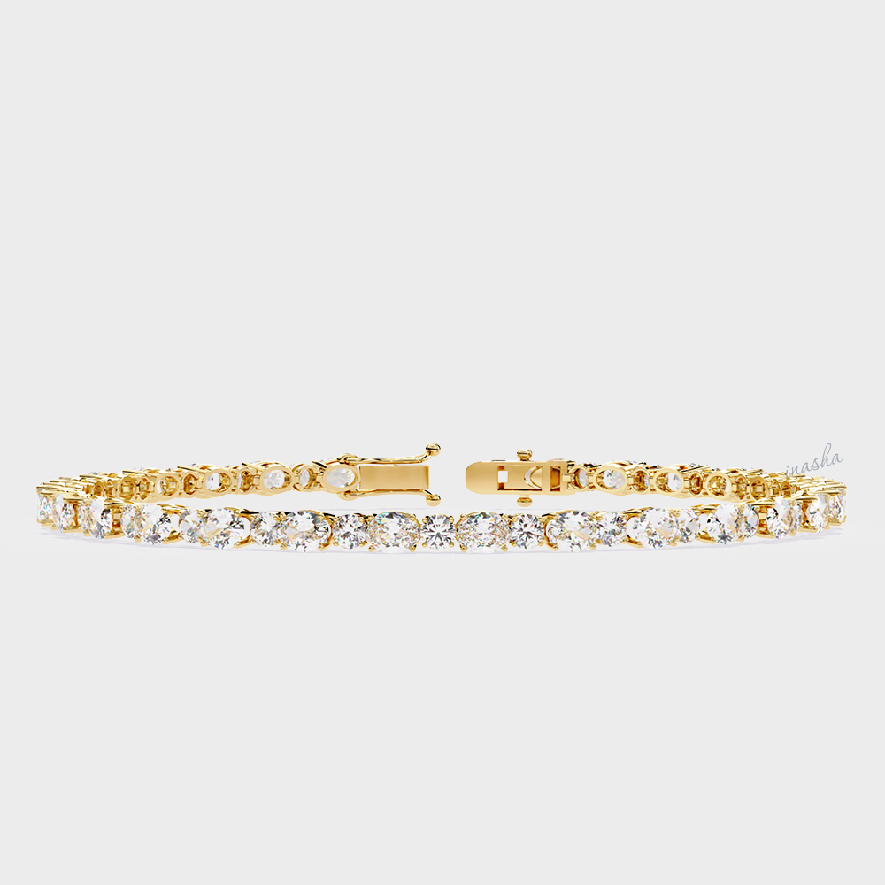 Certified GLI oval and round cut lab grown diamond tennis bracelet in yellow gold 9K 14K 18K