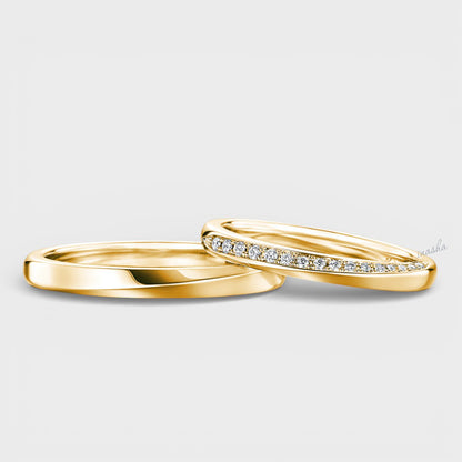 Yellow Gold Women’s Diamond Ring with Men’s Matching Plain Band Couple Set