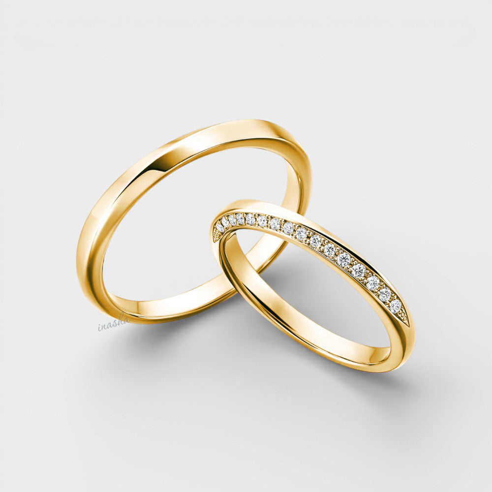 Customizable Yellow Gold Diamond Couple Rings – Women’s Round Diamond & Men’s Band