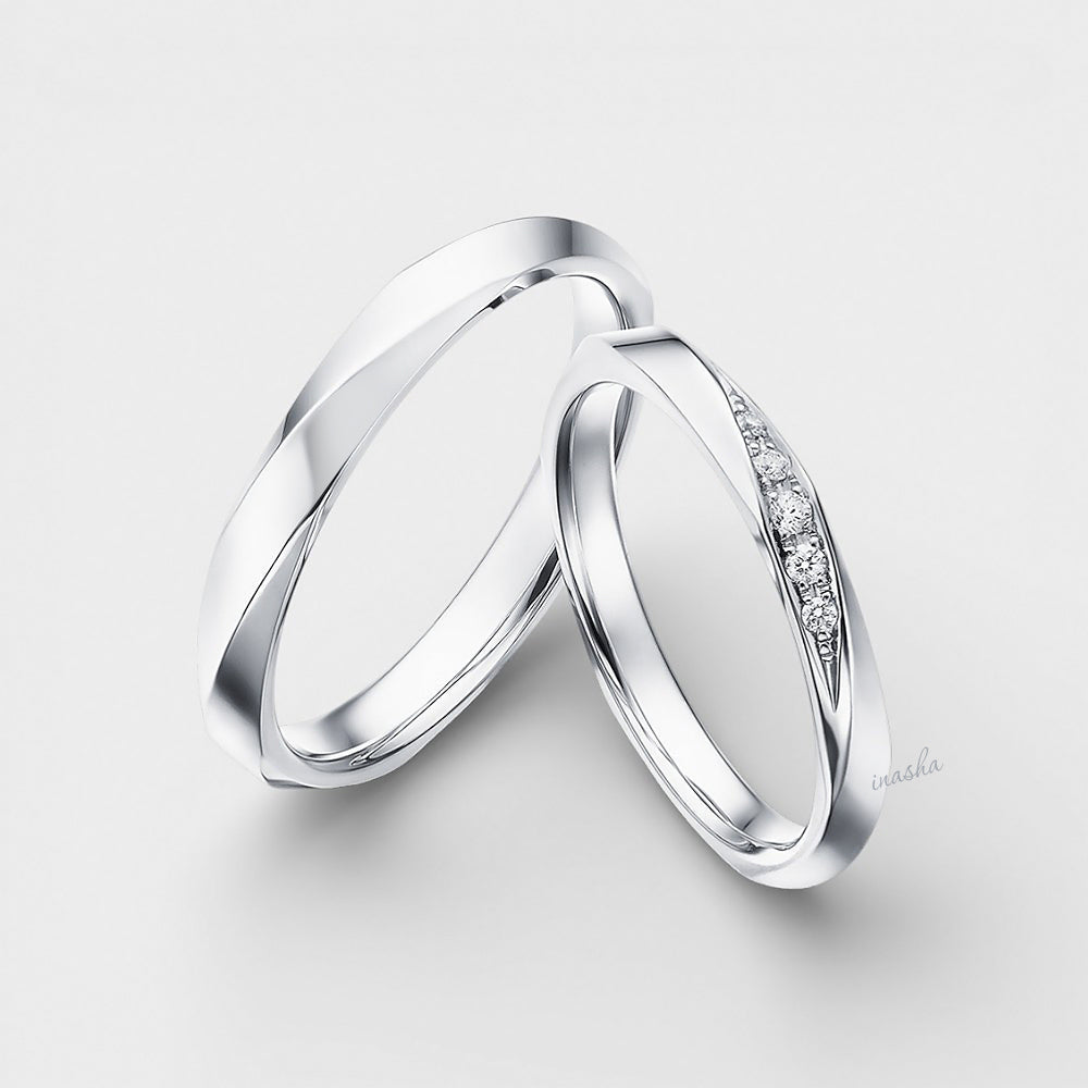 Customizable White Gold Diamond Couple Rings – Women’s Round Diamond & Men’s Band