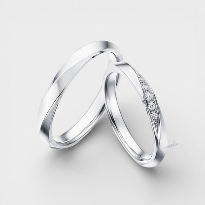Customizable White Gold Diamond Couple Rings – Women’s Round Diamond & Men’s Band