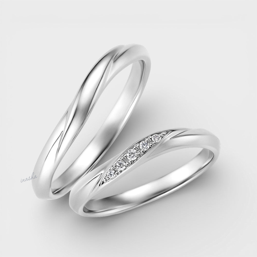 White Gold Women’s Round Diamond Ring with Men’s Classic Band for Couples
