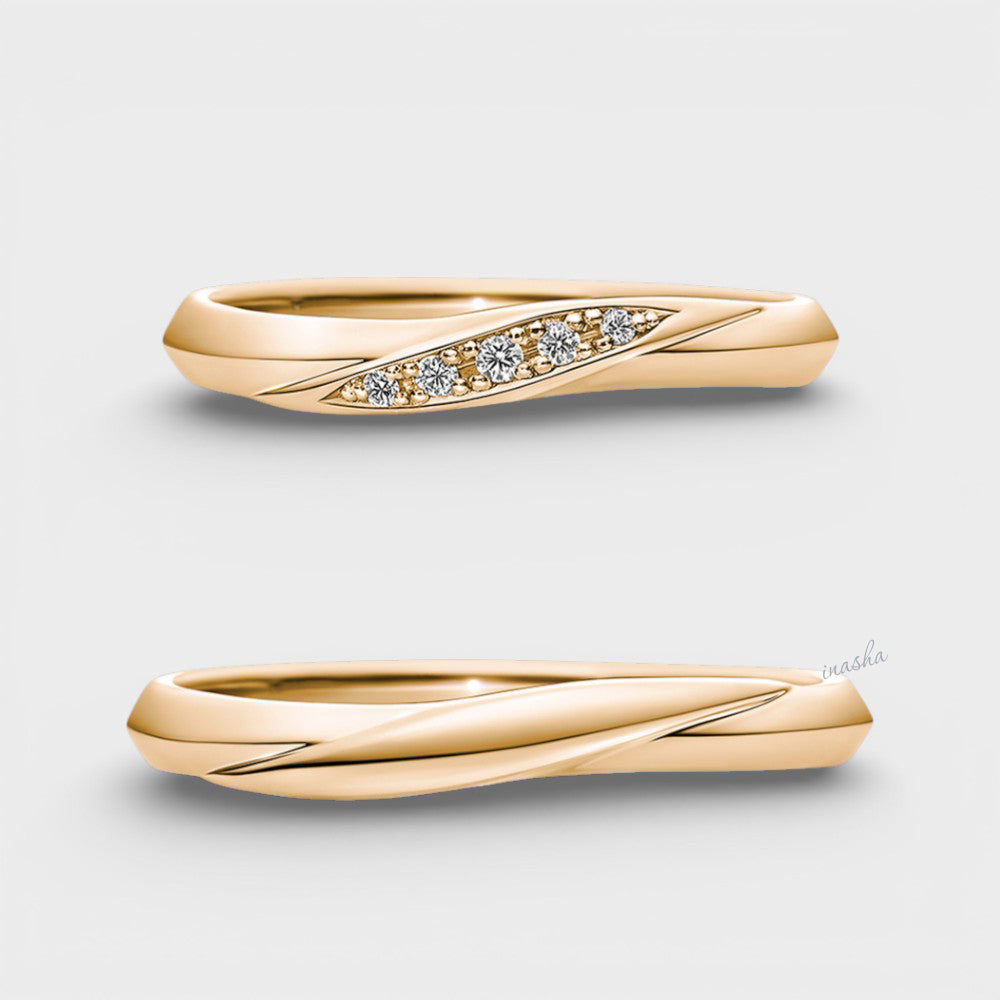 Yellow Gold Women’s Lab-Grown Diamond Ring with Men’s Matching Plain Band
