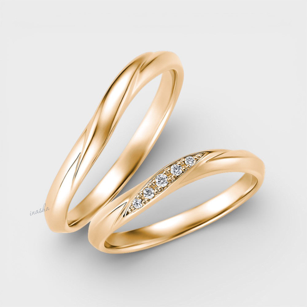 Yellow Gold  Couple Ring Set – Women’s Diamond & Men’s Simple Band