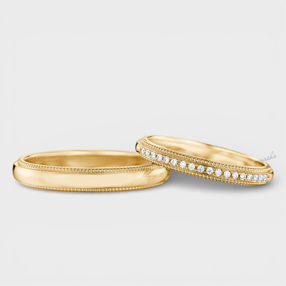 Certified GLI lab grown diamond couple band set in yellow gold, women’s diamond ring and men’s plain band