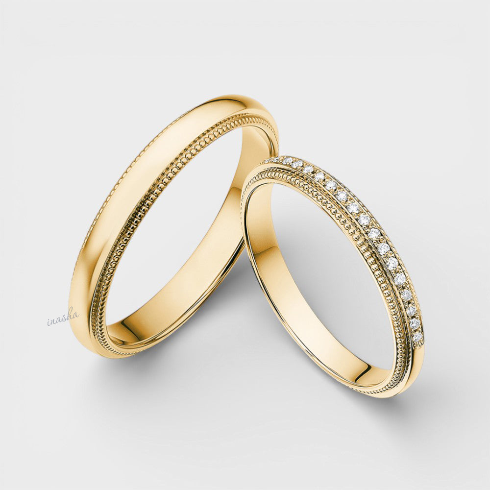 Luxury yellow gold lab grown diamond couple rings set with diamond women’s band and plain men’s band