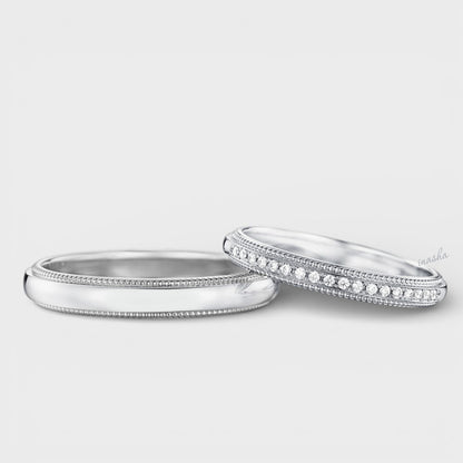 Certified GLI lab grown diamond couple band set in white gold and platinum, women’s diamond ring and men’s plain band