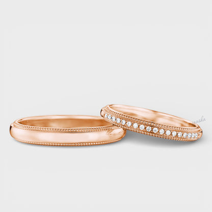 Certified GLI lab grown diamond couple band set in rose gold, women’s diamond ring and men’s plain band