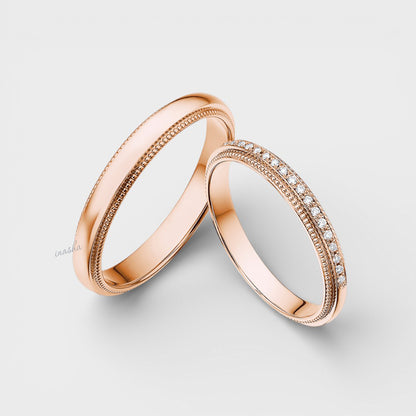 Premium rose gold lab grown diamond couple rings set with diamond women’s band and plain men’s band