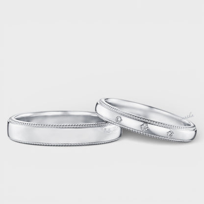 Certified GLI white gold and platinum lab grown diamond couple ring set with women’s diamond band and men’s plain band