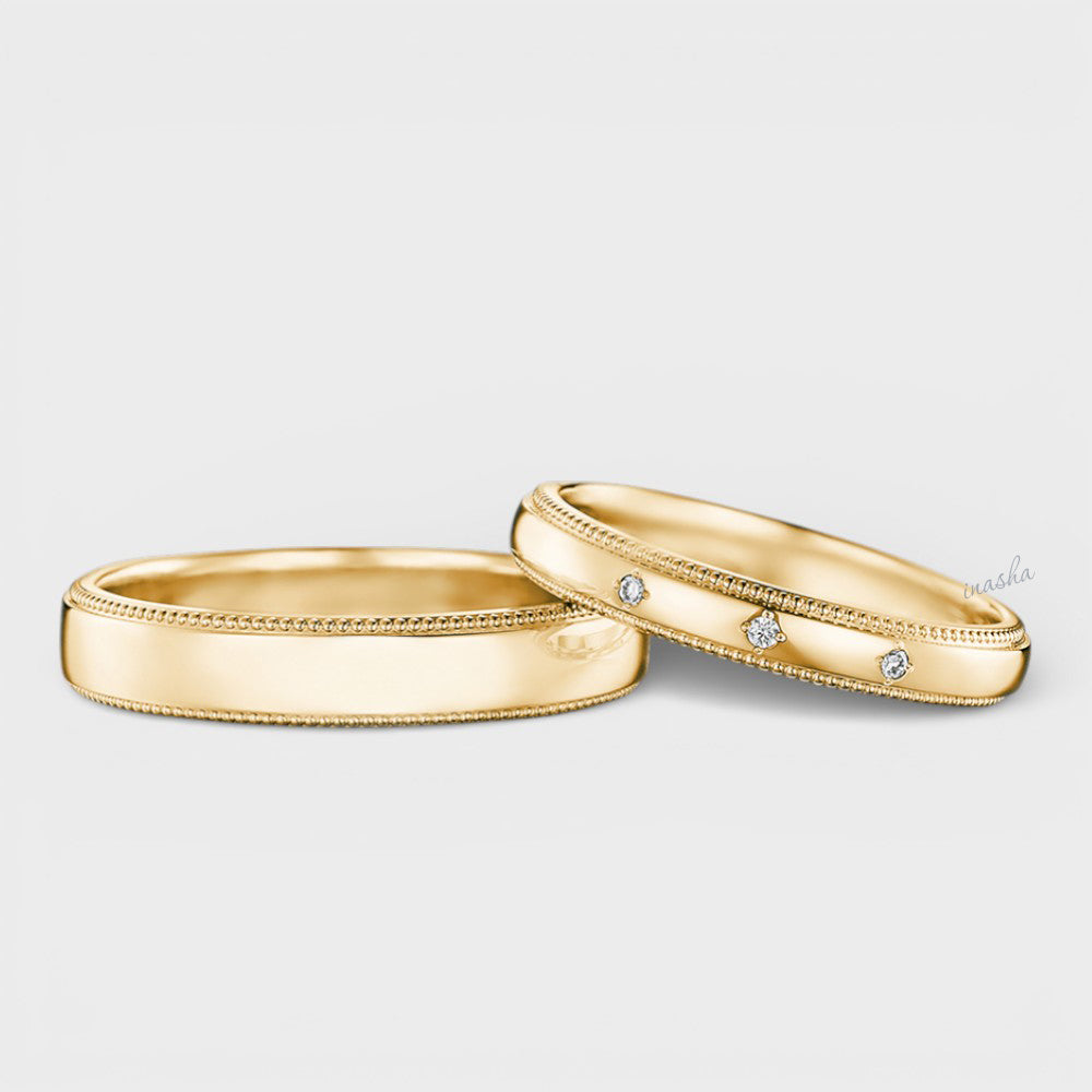 Certified GLI yellow gold lab grown diamond couple ring set with women’s round cut diamond band and men’s plain band