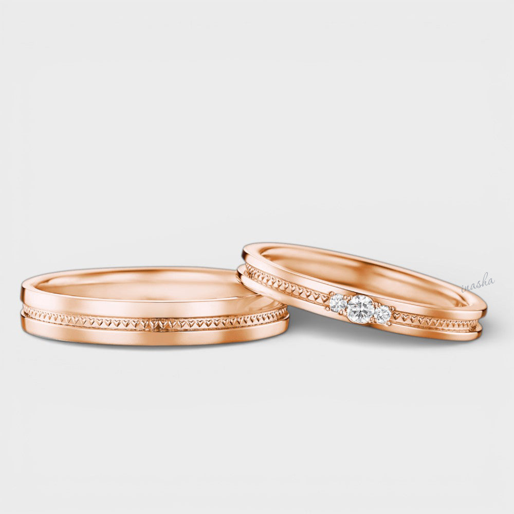 Certified GLI rose gold lab grown diamond couple ring set with women’s round cut diamond band and men’s classic plain band