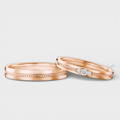 Certified GLI rose gold lab grown diamond couple ring set with women’s round cut diamond band and men’s classic plain band