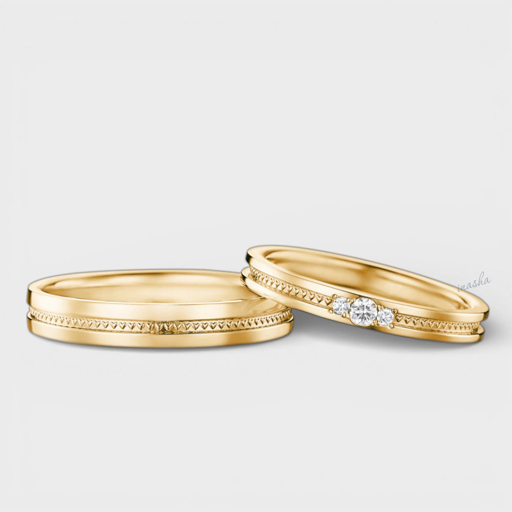 Certified GLI yellow gold lab grown diamond couple ring set with women’s round cut diamond band and men’s classic plain band